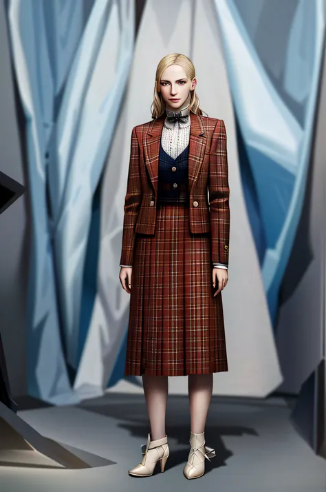 arafed woman in a plaid coat and skirt standing in a room, official jil sander editorial, modern maximalist suit, eva elfie, by ...