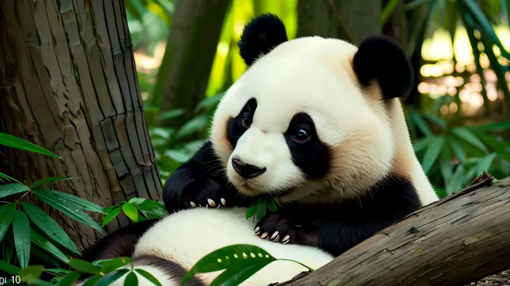 pictures of pandas eating bamboo in the forest (good composition), (in frame), left margin, 8k, 4k, detail, attractive, beautifu...