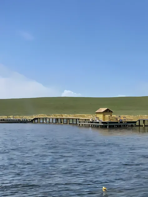 there are many birds that are standing on the water, small dock, a photo of a lake on a sunny day, detailed lake in background, ...