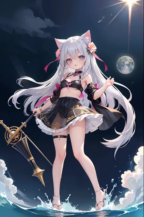 (Masterpiece), (Top Quality Anime Illustrations), (Super Definition), One Girl, Solo, Beautiful Girl with Silver Hair, Anime Loli, Cat Ears Loli, Slightly Larger Breasts, Cleavage Emphasis, Underboob, Thigh Emphasis, Bastet God Costume, See-through, Egypti...