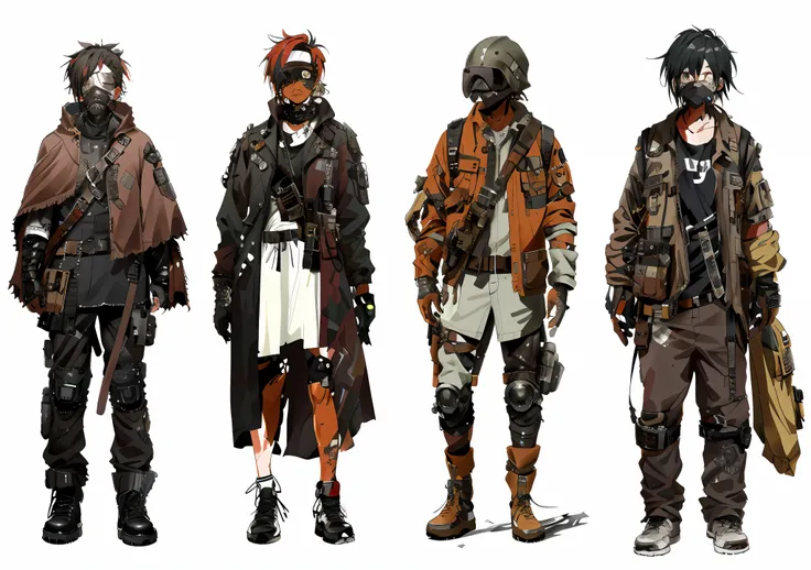 image of a group of people in different costumes, wasteland punk costumes, post-apocalyptic style, post-apocalyptic costumes, po...