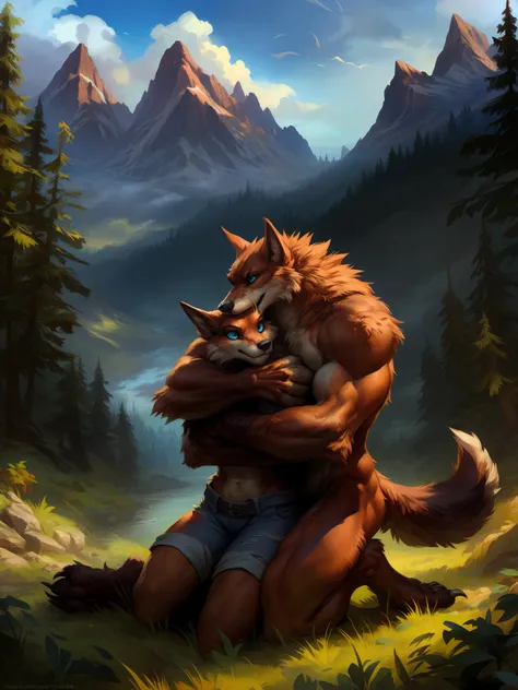 a beautiful and detailed full size portrait of a duo characters, female anthro wild werewolf and male anthro wild werewolf lies ...