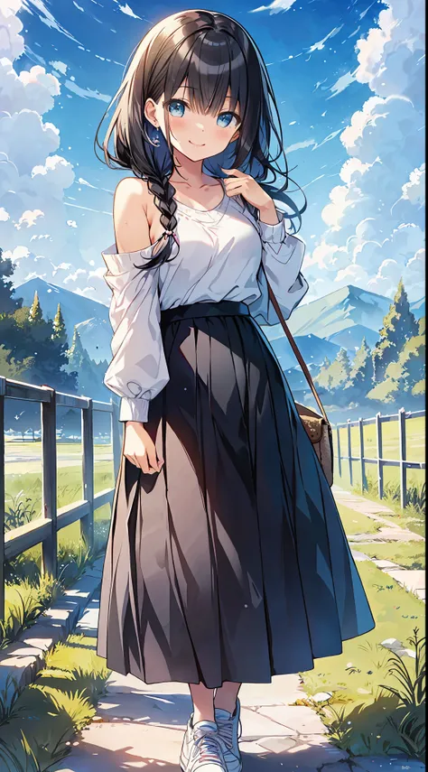 Top quality, masterpiece, ultra high definition, 8k, summer sky, early summer, (light blue maxi skirt, flesh-colored thin knit, sneakers), shojo manga style loli, one, soft line drawing, digital enhancement, shojo manga touch, shojo manga core, flowing fab...