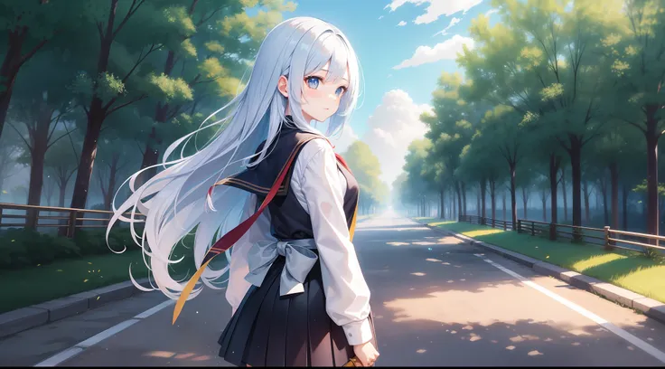 a beautiful female, walk on the schoo road, the girl flicks her long gair wearing school uniform, two side of trees besid the road, wind blow, paddle of water on the ground, a drip of water drop from the tress, pieces of levies fall down, long hair, gradie...