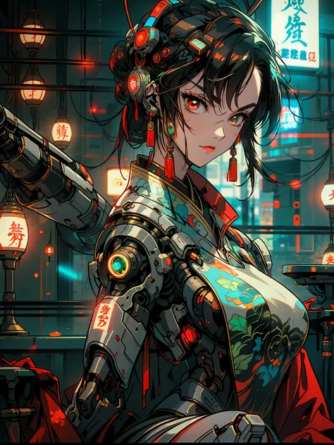 cyberhanfu,cheongsam,robot, female cyborg, busy cyberpunk tea house, robotic patrons, dim lighting, neon signs,fcportrait