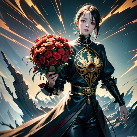 official art, unity 8k wallpaper, ultra detailed, beautiful and aesthetic, masterpiece, best quality, (zentangle, mandala, tangle, entangle), (fractal art:1.3) , 1girl, red flowers, extremely detailed, dynamic angle, cowboyshot, the most beautiful form of...
