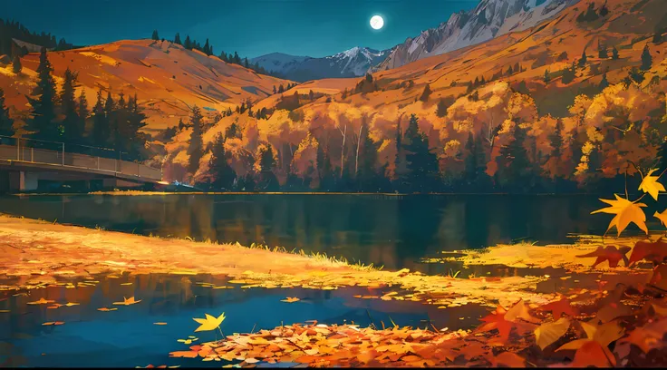 masterpiece, best quality, depth of field, night, sky, moon, glow, lake, hills, autumn, willow, fallen leaves