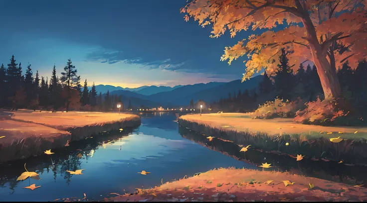 masterpiece, best quality, depth of field, night, sky, moon, glow, lake, hills, autumn, willow, fallen leaves