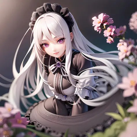 White Hair, Gothic Lolita, Purple Eyes, Straight Long Hair,1girl, on grass, sunlight,beautiful eye,full body, chibi, [realistic], [3d], smile, closed mouth,(8k, RAW photo, best quality, masterpiece:1.2), ultra high res, (((realistic, photo-realistic))), pr...