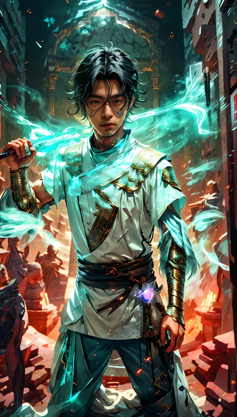 8k, complex, elegant, highly detailed, majestic, digital photography, denim lens, surrealist painting, broken glass, beating magic, winding lightning magic, (masterpiece, side light, fine beautiful eyes: 1.2), HDR, Void 5 energy lightning storm, (Chinese b...
