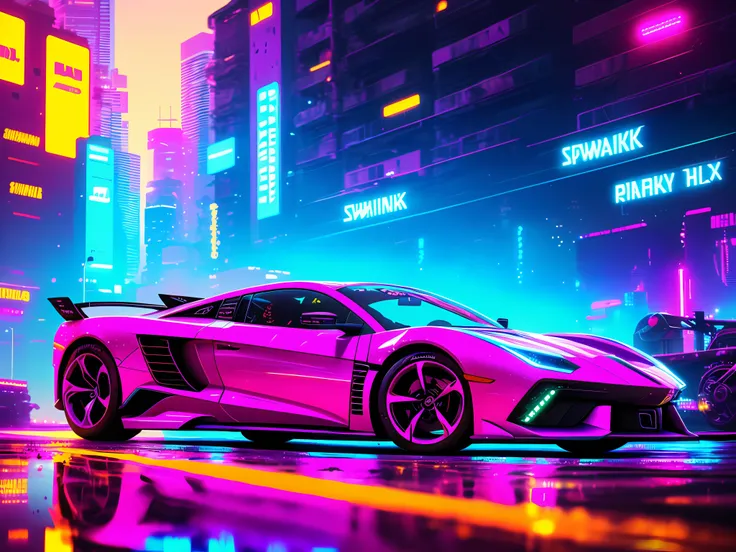 swpunk, synthwave, paint splatters, (extremely detailed 8k wallpaper), a medium shot photo of a futuristic concept car parked in...