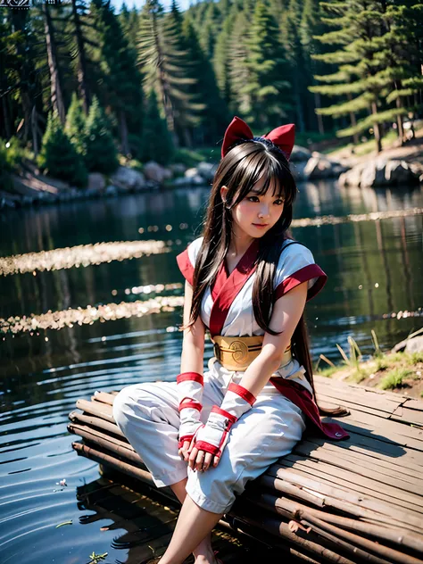 masterpiece, best quality,1girl, sitting on a log, lake under log, red bow, bow, long hair, hair bow, ainu clothing, solo, hair ...