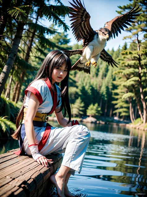 masterpiece, best quality,1girl, sitting on a log, lake under a log, red bow, bow, long hair, hair bow, ainu clothing, solo, hai...