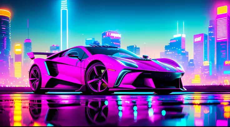 swpunk, synthwave, paint splatters, (extremely detailed 8k wallpaper), a medium shot photo of a futuristic concept car parked in...