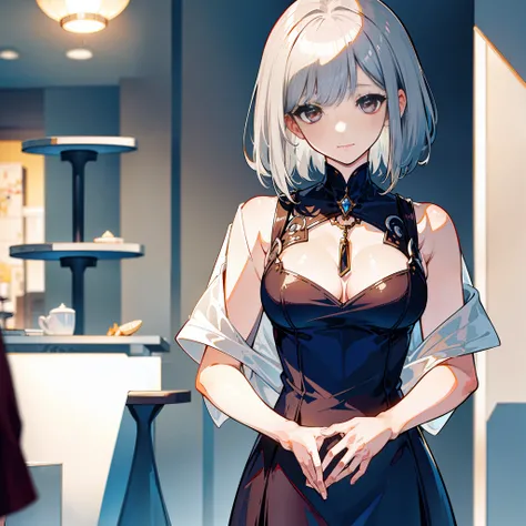 girls, stylish, silver-haired, short-haired, red uniform, café,