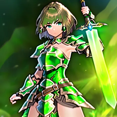 a close up of a woman holding a sword in a green background, glowing green soul blade, armor girl, green armor, elf princess kni...