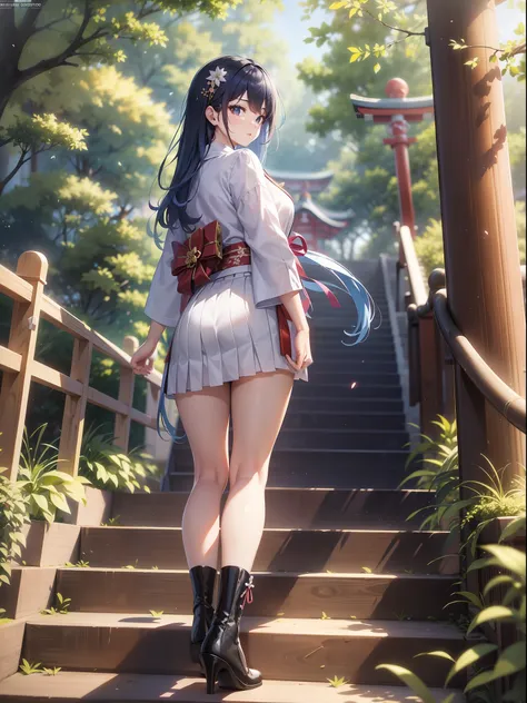 a beautiful female, stand on the stairs to the japanese shrine withbare hands, looks back at the viewer, wearing suit shirt and ...