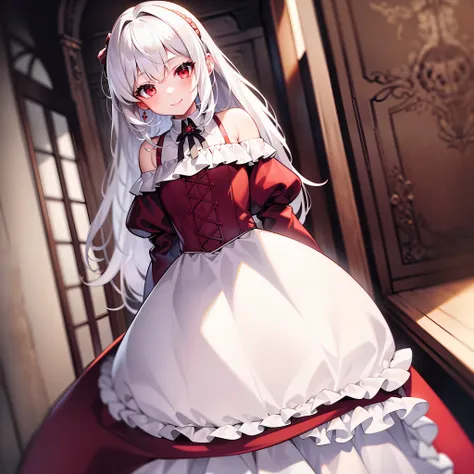 ((Masterpiece, Best Quality)), 1 Girl, Solo, Long Hair, Off Shoulders, Smile, White Hair, Maid Clothes, Red Eyes, In Front of the Door, Low Angle, Close Range