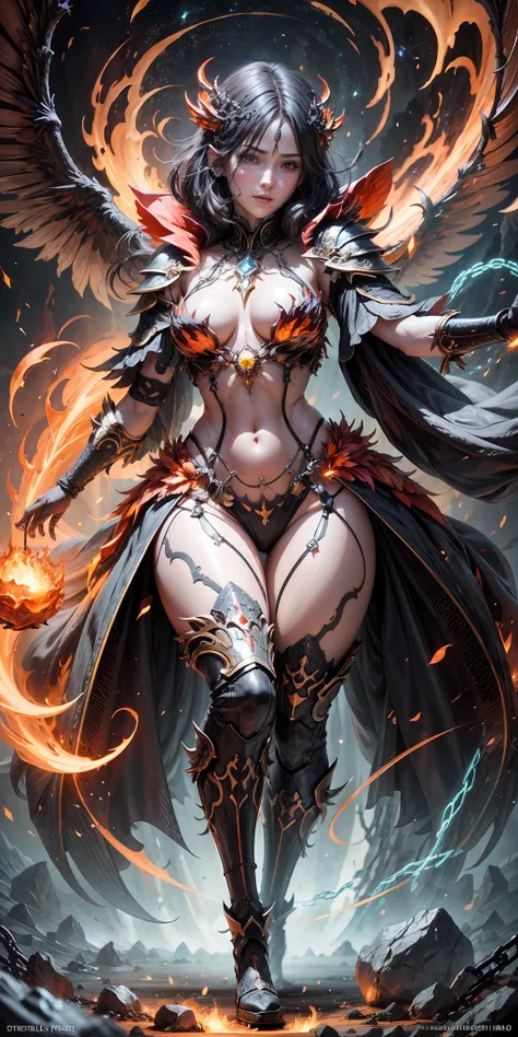 full body photo of a anime scene of a demonic sorceress conjuring fire, various burning chains around her, seductive body,tall b...