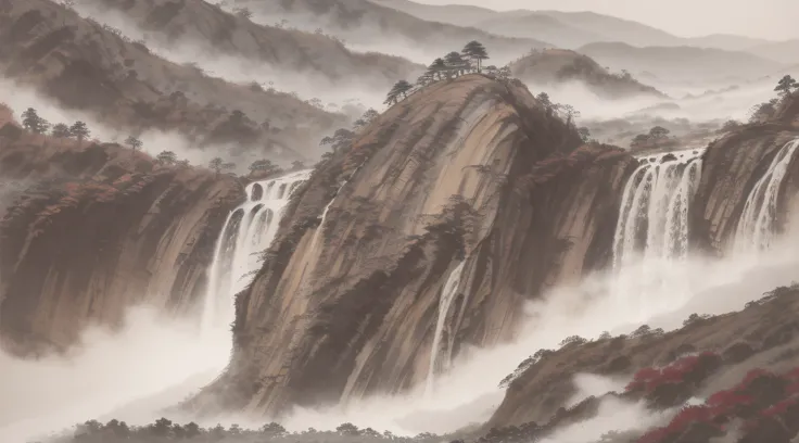 Chinese ink splashing landscape, majestic, mountains, waterfalls, forests, white clouds, HD --auto --s2