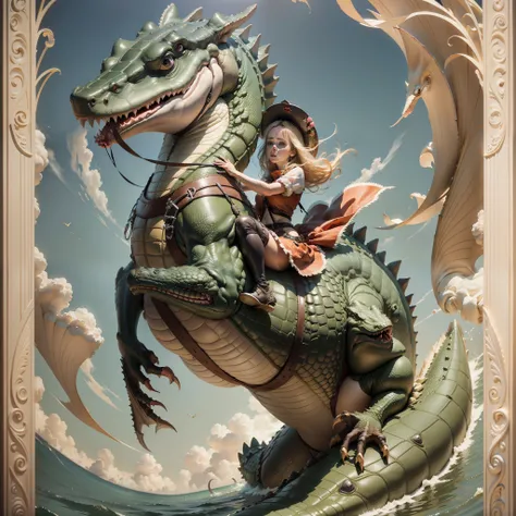a beautiful girl riding a giant crocodile