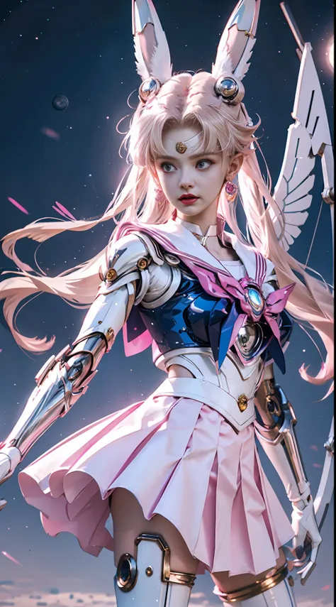 1 mechanical girl: 1.4, sailor moon, white mechanical arm, humanoid body, pink sailor suit, good-looking face, sailor moon, wing...