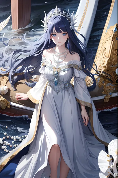 maiden, alone, long navy blue hair, blue eyes, dress, necklace, pearl, shell, waves, ocean, sea, fish, boat, hyperdetail, best p...