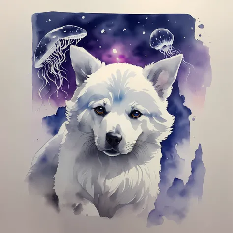 white background, landscape, ink, ink painting, (1 dog: 1.5), (dog portrait: 1.5), sunset in the background, orchid, jellyfish, bioluminescent, symmetrical artwork, GemstoneAI, (:1.5)