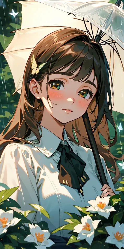 (best quality, masterpiece, ultra-realistic), portrait of 1 beautiful and delicate girl, with a soft and peaceful expression, holding an umbrella, the rainy background scenery is a garden with flowering bushes and butterflies flying around