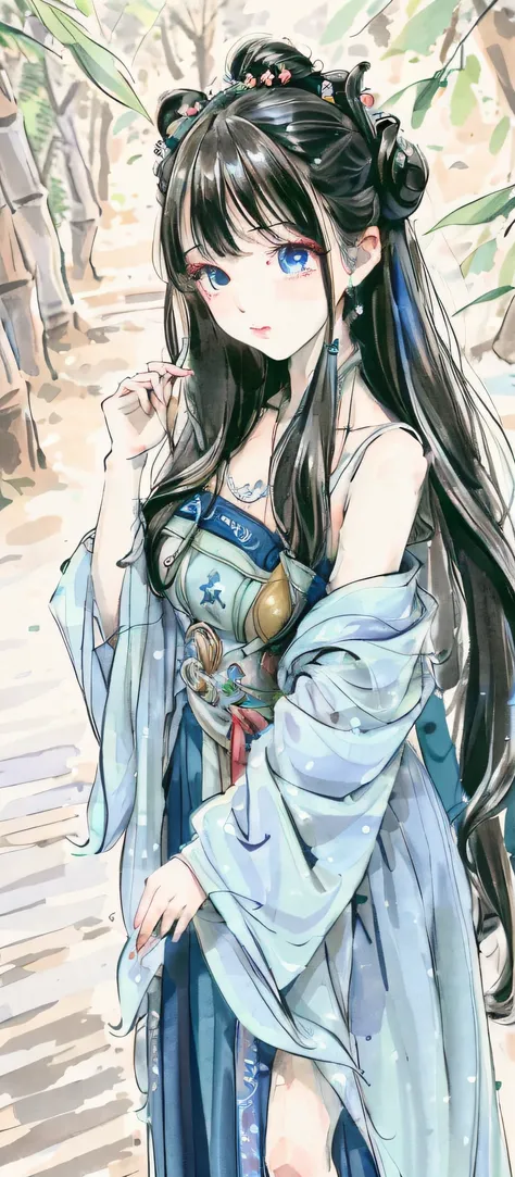Masterpiece, top quality, official art, 8k wallpaper, highly detailed illustration, one girl, azure hair, long hair, detailed eyes, forest, bare shoulders, Hanfu, lake, pure, soft smile, bamboo, tea