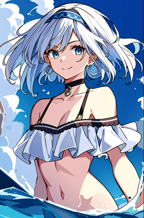 masterpiece, intricate detail,best quality, 1girl, solo, looking_at_viewer, smile, short_hair, open_mouth, bangs, blue_eyes, bare_shoulders, jewelry, upper_body, white_hair, earrings, multicolored_hair, choker, virtual_youtuber, tank top,water, off_shoulde...