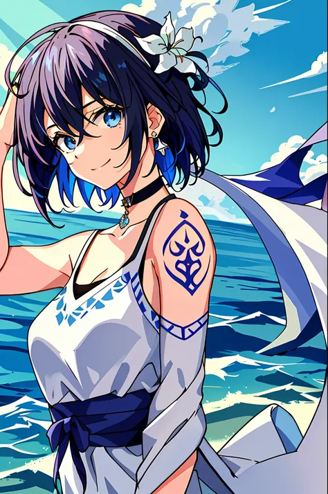 masterpiece, intricate detail,best quality, 1girl, solo, looking_at_viewer, smile, short_hair, open_mouth, bangs, blue_eyes, bare_shoulders, jewelry, upper_body, white_hair, earrings, multicolored_hair, choker, virtual_youtuber, tank top,water, off_shoulde...