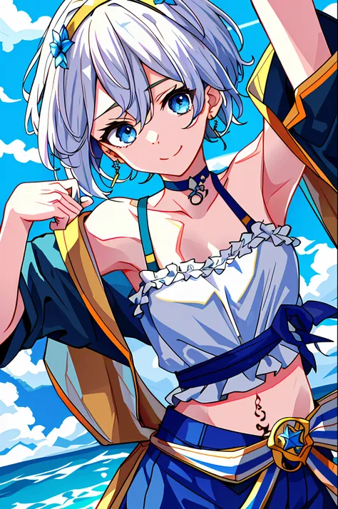 masterpiece, intricate detail,best quality, 1girl, solo, looking_at_viewer, smile, short_hair, open_mouth, bangs, blue_eyes, bare_shoulders, jewelry, upper_body, white_hair, earrings, multicolored_hair, choker, virtual_youtuber, tank top,water, off_shoulde...
