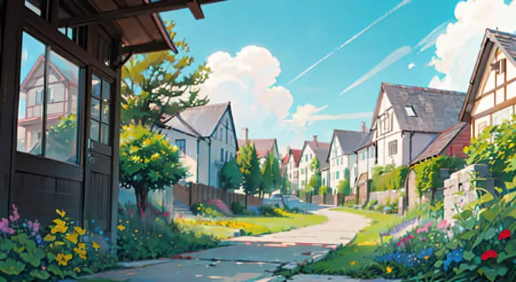 masterpiece,best quality,official art,extremely detailed CG unity 8k wallpaper,outdoors, animal, spring (season), cloudy sky,studio ghibli, garden,village,