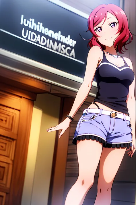 nishikino_maki, masterpiece, best quality, highres, 1girl, solo, anastasia (idolmaster), idolmaster cinderella girls, purple eyes, shorts, short hair, red hair, crop top, short shorts, cowboy shot, smile, upper_body, sexy pose,
