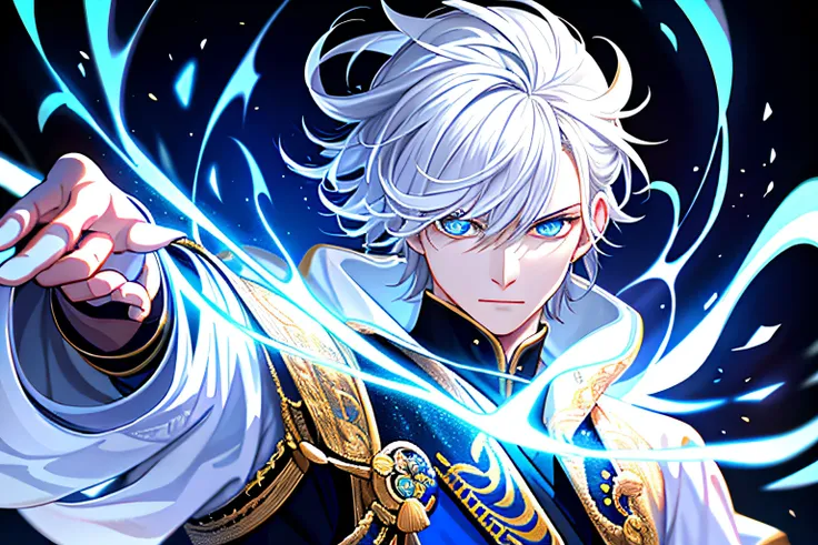 young emperor, portrait, realistic, fantastic, intricate, short white hair, ice mage, wearing a white taoist robe, intimidating ...