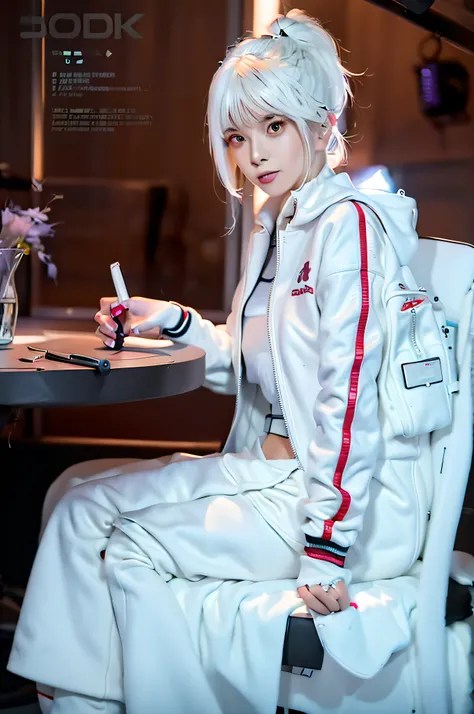 a woman sitting at a table with a cell phone in her hand, wearing track and field suit, wearing cyberpunk 2 0 7 7 jacket, smooth white tight clothes suit, cyberpunk anime girl in hoodie, wearing a track suit, trending on cgstation, 2 techwear women, trendi...