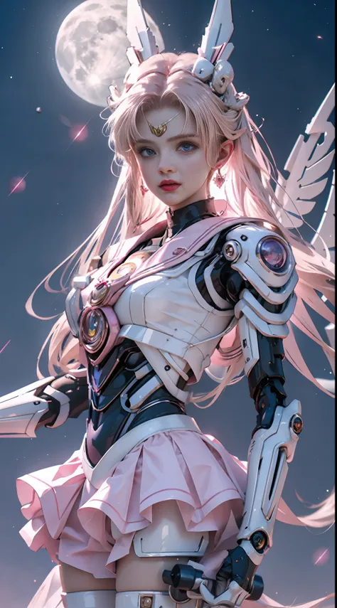 1 mechanical girl: 1.4, sailor moon, white mechanical arm, humanoid body, pink sailor suit, good-looking face, sailor moon, wing...