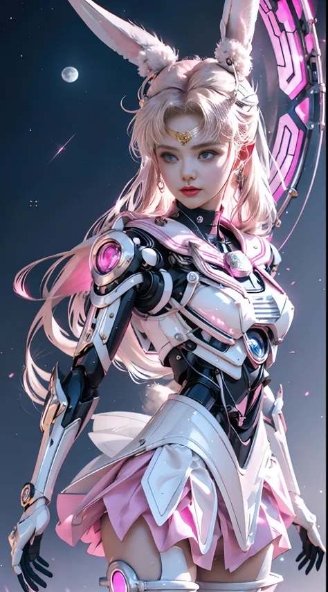 1 mechanical girl: 1.4, sailor moon, white mechanical arm, humanoid body, pink sailor suit, good-looking face, sailor moon, wing...