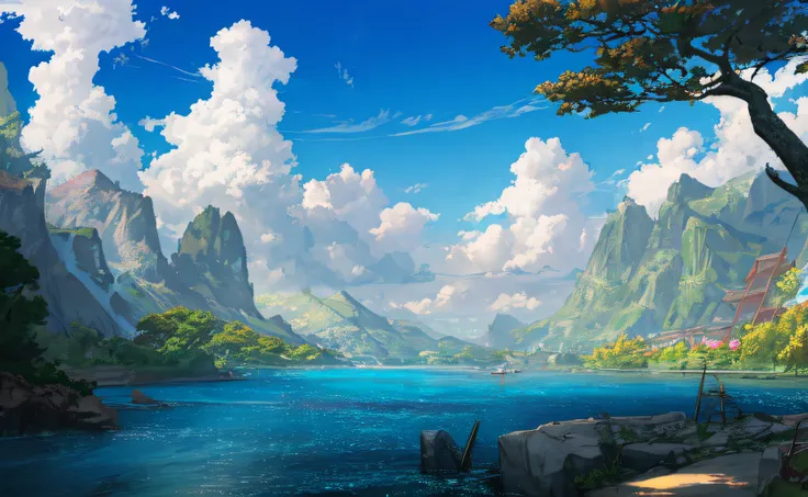 conceptart, no humans, scenery, water, sky, day, tree, cloud, waterfall, outdoors, building, nature, river, blue sky