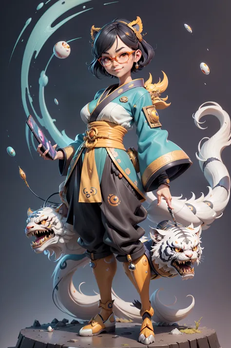 (Masterpiece), (Excellent), (Super Meticulous), (Full Body: 1.2), Super Young Woman, Japanese Geisha, Beauty, Chinese Dragon, Tiger, Wind God Thor, Sexy, Bursting, Oriental Face, TV Anchor, Bust Portrait Illustration, Alone, Black Suit, Blue Tie, Slightly ...