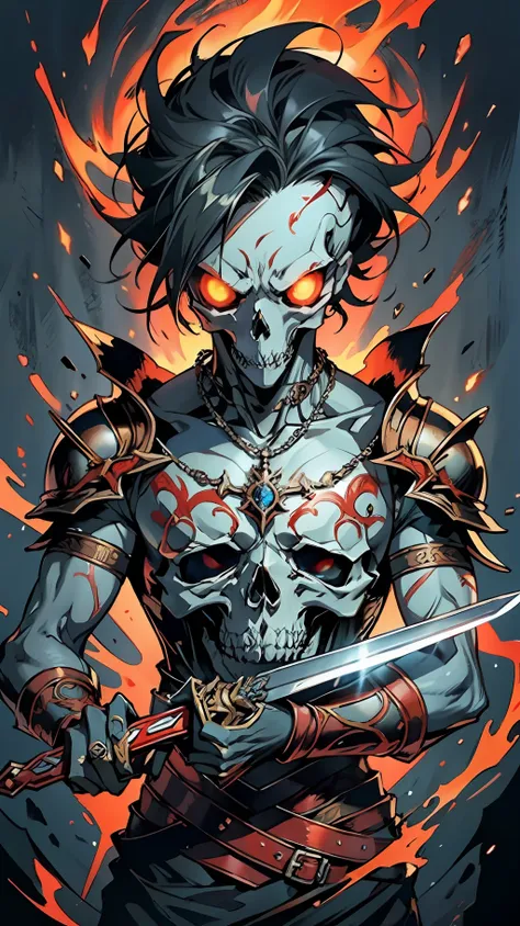 an anime poster featuring a dark skull, evil and dangerous, intricate and delicate armor on the upper body, skull jewelry and ne...