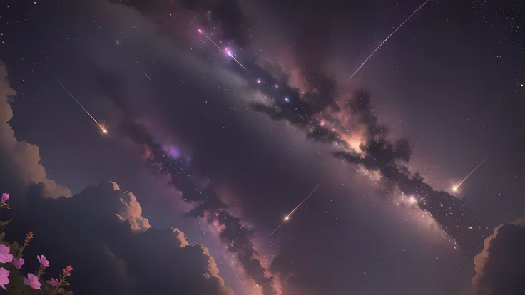 (zoomed out:1.1), (meteor shower:1.2), (comet:1.1), low angle, aroura borealis, shooting star, cloud, colorful, starry, stars, night, flower field, flower blossom, night sky, beautiful flowers, night theme, Surrealism, high detail, from below, from below, ...