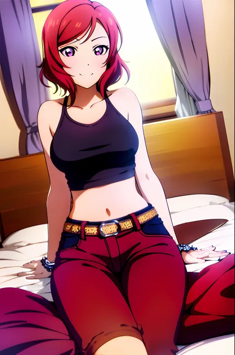 nishikino_maki, masterpiece, best quality, highres, 1girl, solo, anastasia (idolmaster), idolmaster cinderella girls, purple eyes, short hair, red hair, crop top, short jeans, cowboy shot, smile, upper_body, sexy pose, bed, bedroom, pillow, window, lying...