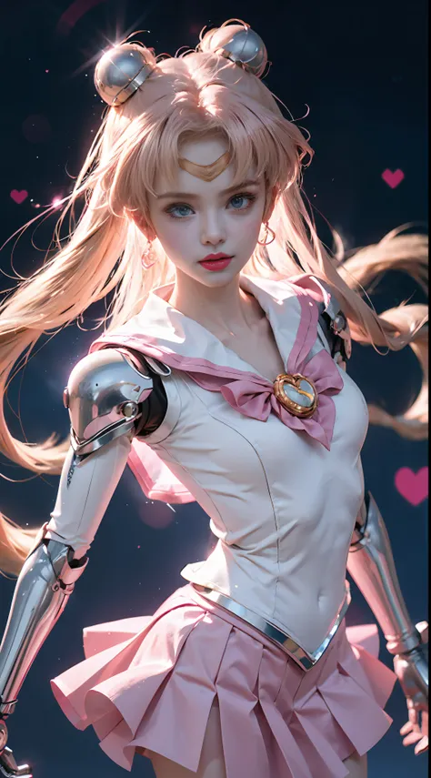 1 mechanical girl: 1.4, sailor moon, gun, mechanical arm, mechanical body, pink sailor suit, good-looking face, sailor moon, moo...