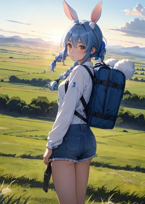 (人物: usada pekora), bunny girl, blue hair, twin braids, a girl, solo, the vast sky, beautiful skyline, large grasslands, extreme...