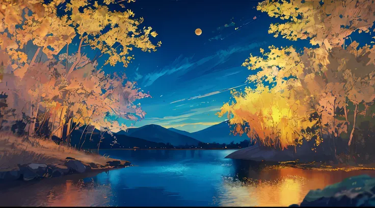 masterpiece, best quality, depth of field, night, sky, moon, glow, lake, hill, tree