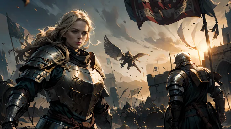 1 girl, knight, heavy armor, middle ages, standing in the ancient battlefield, flying flag, dawn of victory