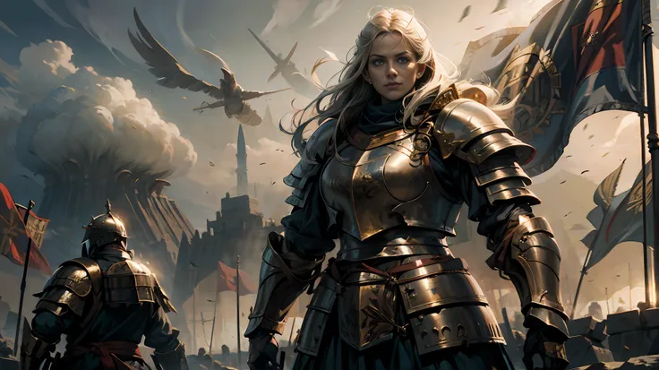 1 girl, knight, heavy armor, middle ages, standing in the ancient battlefield, flying flag, dawn of victory