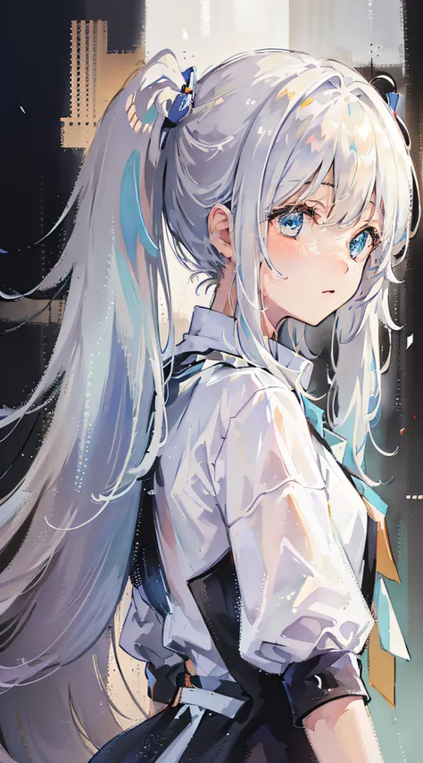 (best quality, masterpiece), 1girl, (female focus), ahoge, white blue hair, ((white shirt), (overfit shrit)), long hair, standin...